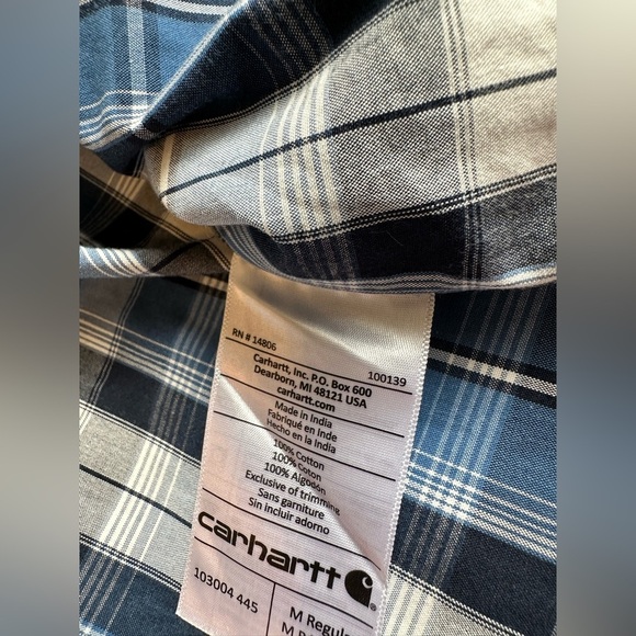 Carhartt Men’s Medium Blue Plaid Short Sleeve Button Up Shirt Cotton Pocket Work - Picture 5 of 8